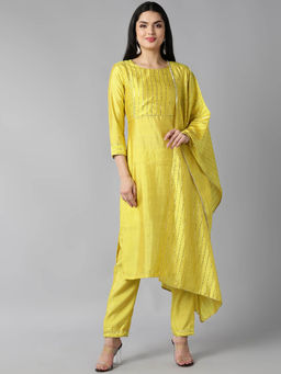 Vaamsi - Women Yellow Poly Chanderi Solid Straight Kurta Pants with Dupatta (Set of 3)