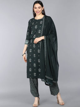 Vaamsi - Women Green Poly Crepe Floral Printed Straight Kurta Pants with Dupatta (Set of 3)