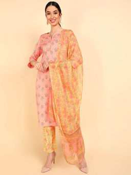 Vaamsi - Women Peach Polyester Floral Printed Straight Kurta Pants with Dupatta (Set of 3)