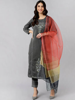 Vaamsi - Women Grey Poly Silk Floral Embroidered Straight Kurta Pants with Dupatta (Set of 3)