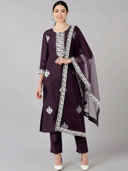 Vaamsi - Purple Poly Silk Ethnic Motifs Embroidered Kurta Pants with Dupatta (Set of 3)