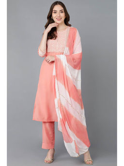 Vaamsi - Peach Poly Silk Ethnic Motifs Embroidered Kurta Pants with Dupatta (Set of 3)