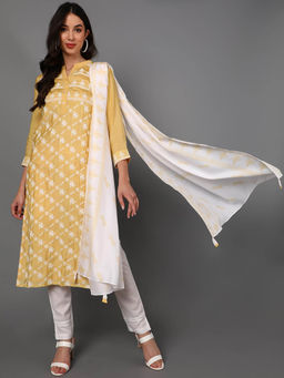 Vaamsi - Yellow Poly Silk Ethnic Motifs Embroidered Kurta Pants with Dupatta (Set of 3)