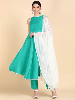 Vaamsi - Women Green Poly Silk Solid Anarkali Kurta Pants with Dupatta (Set of 3)