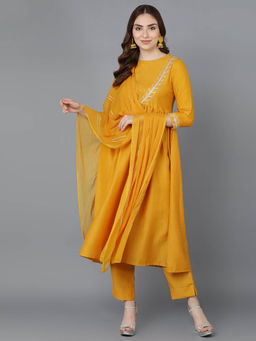 Vaamsi - Mustard Poly Silk Solid Embroidered Anarkali Kurta Pants with Dupatta (Set of 3)