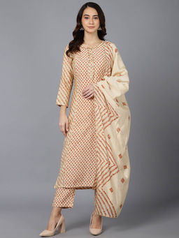 Vaamsi - Cream Poly Silk Ethnic Motifs Printed Straight Kurta Pants with Dupatta (Set of 3)