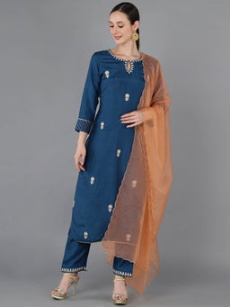 Vaamsi - Women Teal Silk Blend Embroidered Straight Kurta Pants with Dupatta (Set of 3)