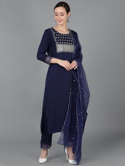 Vaamsi - Navy Blue Poly Silk Embroidered Straight Kurta Pants with Dupatta (Set of 3)