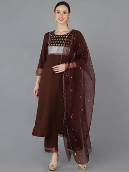 Vaamsi - Women Brown Poly Silk Embroidered Straight Kurta Pants with Dupatta (Set of 3)
