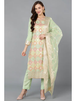 Vaamsi - Women Green Poly Chanderi Checked Straight Kurta Pants with Dupatta (Set of 3)