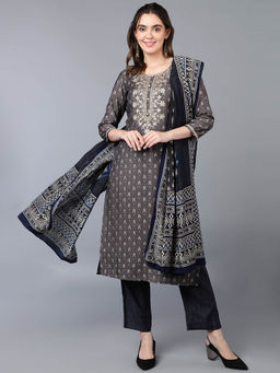 Vaamsi - Women Grey Silk Blend Geometric Printed Straight Kurta Pants with Dupatta (Set of 3)