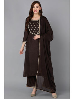 Vaamsi - Women Brown Silk Blend Solid Embroidered Straight Kurta Pants with Dupatta (Set of 3)