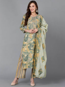 Vaamsi - Yellow Silk Blend Abstract Embroidered Straight Kurta Palazzo with Dupatta (Set of 3)