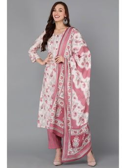 Vaamsi - Off White Poly Chanderi Floral Embroidered Kurta Pants with Dupatta (Set of 3)