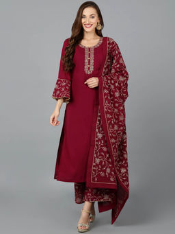Vaamsi - Maroon Poly Georgette Embroidered Straight Kurta Palazzo with Dupatta (Set of 3)