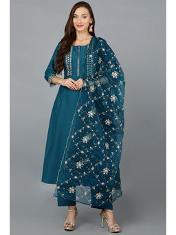 Vaamsi - Women Blue Silk Blend Embroidered A-Line Kurta Pants with Dupatta (Set of 3)