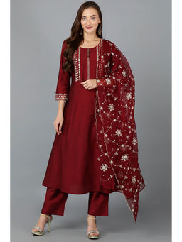 Vaamsi - Women Maroon Silk Blend Embroidered A-Line Kurta Pants with Dupatta (Set of 3)