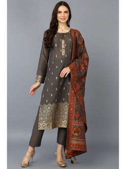 Vaamsi - Grey Silk Blend Ethnic Motifs Woven Design Kurta Pants with Dupatta (Set of 3)