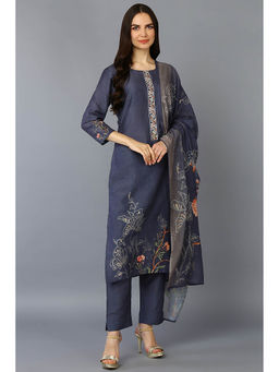 Vaamsi - Women Grey Silk Blend Floral Printed Straight Kurta Pants with Dupatta (Set of 3)