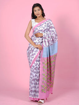 Sooti Syahi - Azalia Pink Hand Block Print Mul Cotton Saree with Unstitched Blouse