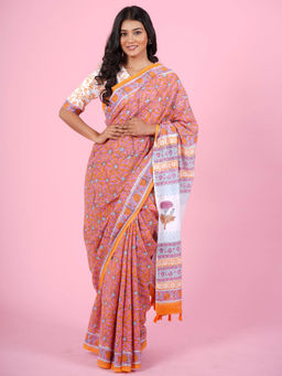 Sooti Syahi - Daffodil Pink Hand Block Print Mul Cotton Saree with Unstitched Blouse