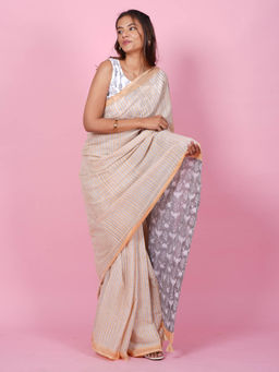 Sooti Syahi - King Crabs Beige Hand Block Print Mul Cotton Saree with Unstitched Blouse