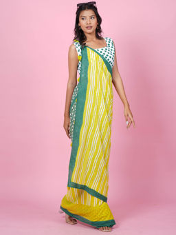 Sooti Syahi - Paradise Yellow Hand Block Print Mul Cotton Saree with Unstitched Blouse
