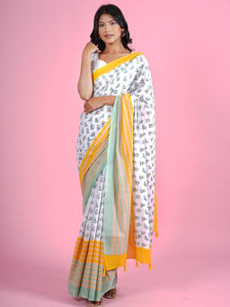 Sooti Syahi - Little Multi Penguins Hand Block Print Mul Cotton Saree with Unstitched Blouse