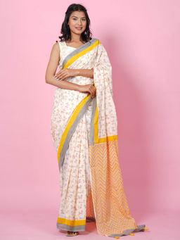 Sooti Syahi - Multi Kittens Hand Block Print Mul Cotton Saree with Unstitched Blouse