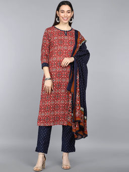 Vaamsi - Women Maroon Pure Cotton Motifs Printed Straight Kurta Pants with Dupatta (Set of 3)