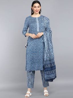 Vaamsi - Women Blue Pure Cotton Floral Printed Straight Kurta Pants with Dupatta (Set of 3)
