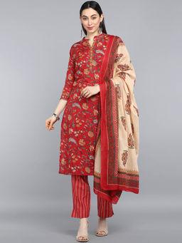 Vaamsi - Women Red Pure Cotton Floral Printed Straight Kurta Pants with Dupatta (Set of 3)