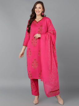 Vaamsi - Pink Pure Cotton Ethnic Motifs Printed Straight Kurta Pants with Dupatta (Set of 3)
