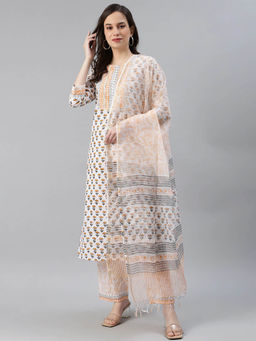 Vaamsi - Off White Pure Cotton Ethnic Motifs Printed Kurta Pants with Dupatta (Set of 3)