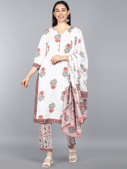 Vaamsi - Women White Pure Cotton Floral Printed Straight Kurta Pants with Dupatta (Set of 3)