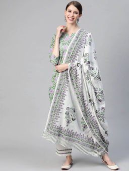 Vaamsi - Women Green Pure Cotton Floral Printed Straight Kurta Pants with Dupatta (Set of 3)