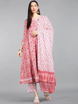 Vaamsi - Pink Pure Cotton Ethnic Motifs Printed Anarkali Kurta Pants with Dupatta (Set of 3)