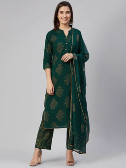Vaamsi - Green Pure Cotton Ethnic Motifs Printed Straight Kurta Pants with Dupatta (Set of 3)