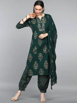 Vaamsi - Women Green Pure Cotton Motifs Printed Straight Kurta Salwar with Dupatta (Set of 3)