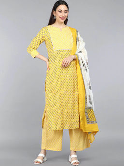 Vaamsi - Yellow Pure Cotton Quirky Printed Straight Kurta Palazzo with Dupatta (Set of 3)