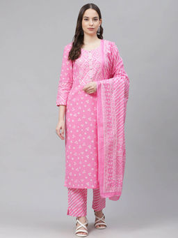 Vaamsi - Women Pink Pure Cotton Bandhani Printed Straight Kurta Pants with Dupatta (Set of 3)