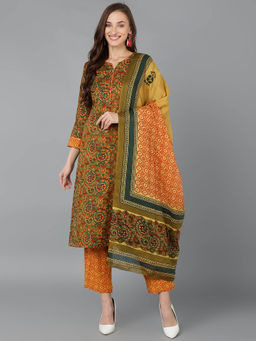 Vaamsi - Women Green Pure Cotton Floral Printed Straight Kurta Pants with Dupatta (Set of 3)