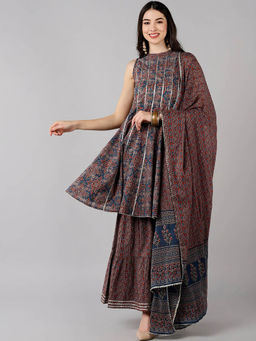 Vaamsi - Multi-Color Cotton Ethnic Motifs Printed A-Line Kurta Sharara with Dupatta (Set of 3)