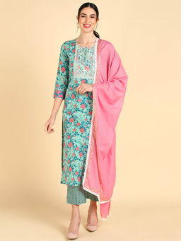 Vaamsi - Green Pure Cotton Floral Embroidered Straight Kurta Pants with Dupatta (Set of 3)