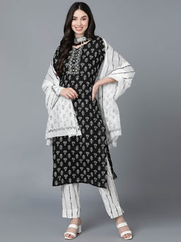 Vaamsi - Black Pure Cotton Ethnic Motifs Printed Straight Kurta Pants with Dupatta (Set of 3)