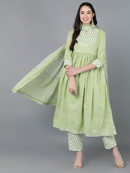 Vaamsi - Women Green Pure Cotton Floral Printed Anarkali Kurta Pants with Dupatta (Set of 3)
