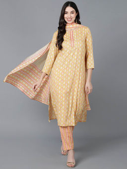 Vaamsi - Women Yellow Pure Cotton Motifs Printed Straight Kurta Pants with Dupatta (Set of 3)