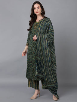 Vaamsi - Women Green Pure Cotton Floral Printed Straight Kurta Palazzo with Dupatta (Set of 3)