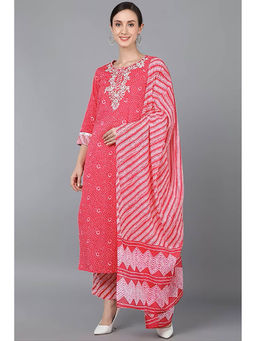 Vaamsi - Pink Pure Cotton Bandhani Embroidered Straight Kurta Pants with Dupatta (Set of 3)