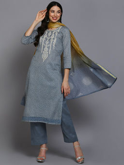 Vaamsi - Grey Pure Cotton Bandhani Embroidered Straight Kurta Pants with Dupatta (Set of 3)